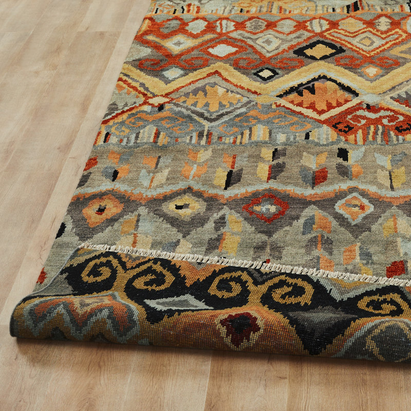 Artisan Hand Knotted Wool Southwestern Area Rug in Steel Blue; Earth; Ivory; Rust, Runner 2'6" x 8'