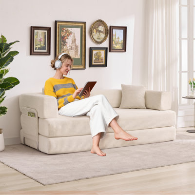 Boneless 78.7" Convertible Sofa Bed, Plush Corduroy Folding Couch, Boneless Sofa for Living Room, Bedroom, or Dorm