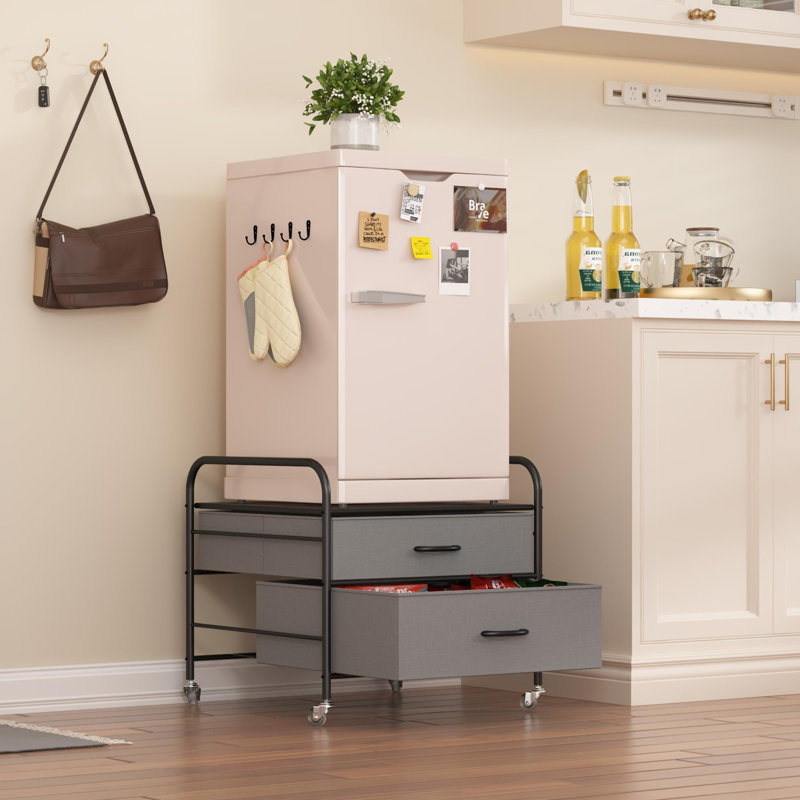Mini Fridge Stand With Storage, 2 Drawer Dorm Fridge Cart, Organizer Unit For Mini Fridge, Fridge Stand Table, , Grey