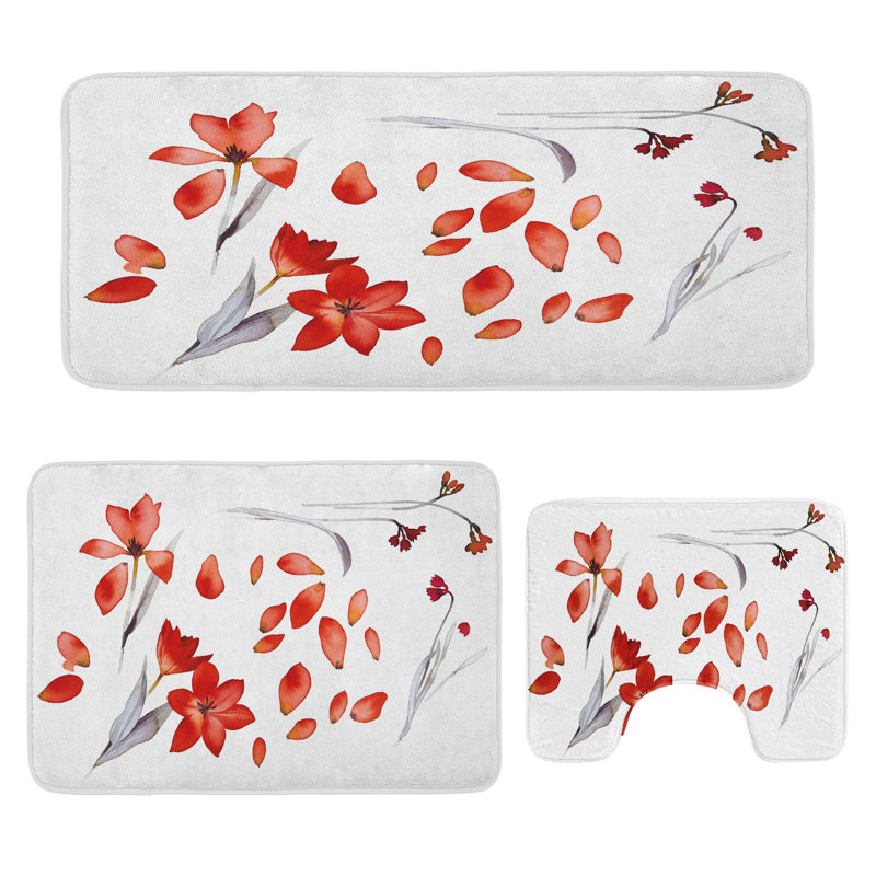  Ensemble de tapis de salle de bain Floral 3 pièces en U et tapis rectangulaires rouge mauve-gris