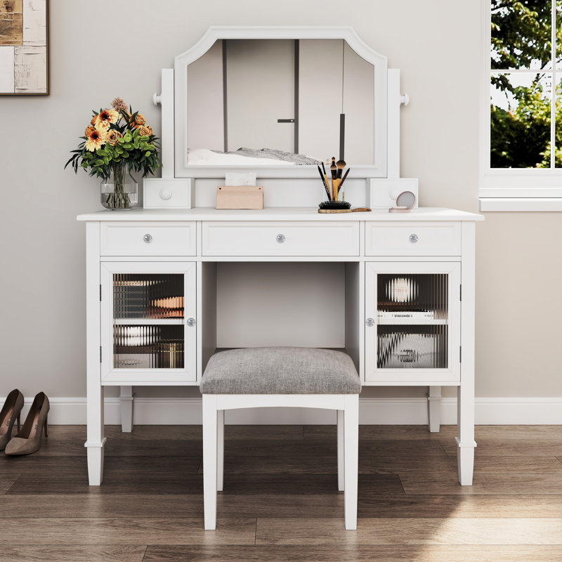 Meuble-lavabo de 44,4 po avec grand miroir réglable de 28,4 po, 5 tiroirs de rangement, 2 compartiments d'armoire, design contemporain blanc, différentes armoires pivotantes pour station de maquillage, finition, espace