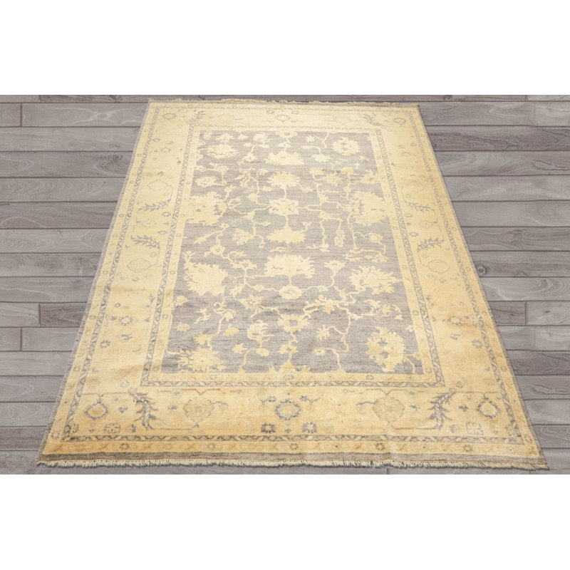Tapis gris ivoire en laine noué à la main 9 pi 1 po x 11 pi 10 po Oushak