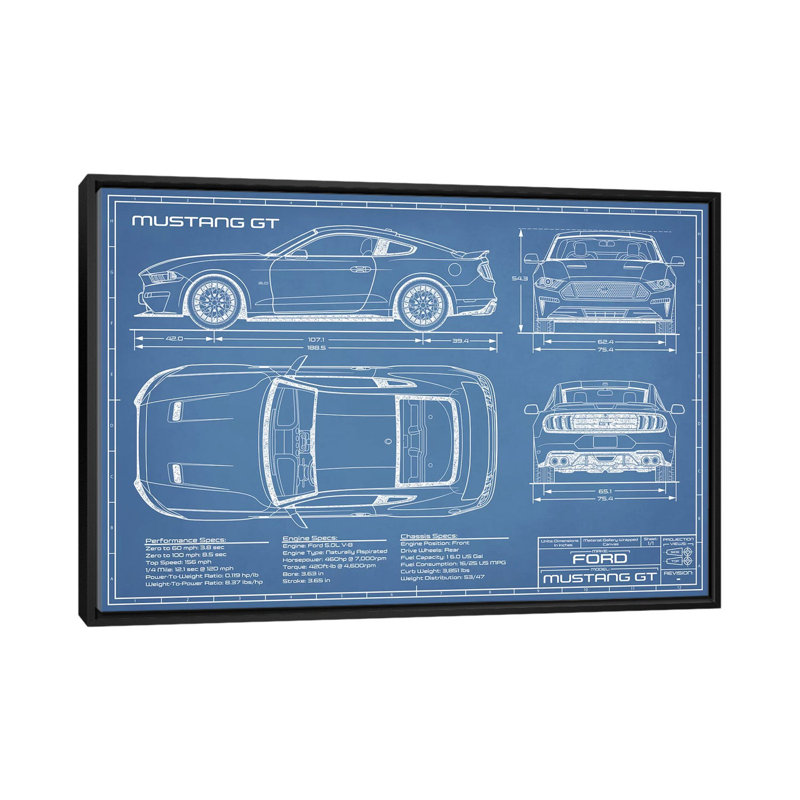 " Mustang GT (2018-2020) Blueprint ", No Mat, 26'' H x 40'' W x 1.5'' D, Black Framed Canvas