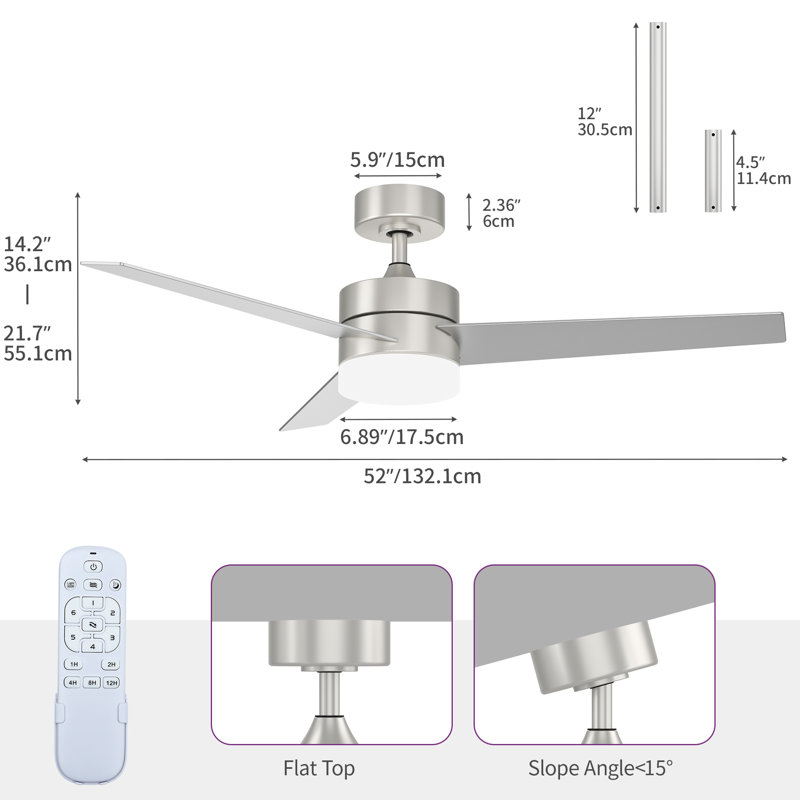 Ventilateur de plafond intelligent 52 pouces 3 pales à DEL, Nickel, Argent