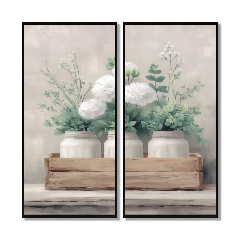 Rustic Farmhouse Peonies - Farm Wall Art For Living Room, White Farmhouse Canvas Print 2 Piece, 40" H x 40" W, Black