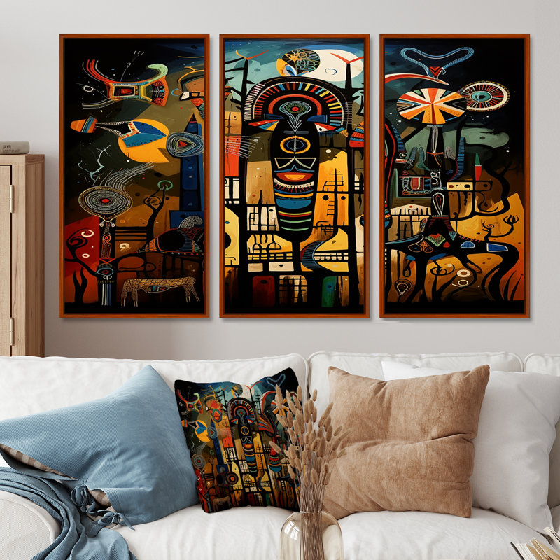 Abstrait paysage sub-saharien - ensemble d'art mural africain, H 40 po x l 60 po x P 1 po, Cadre flottant brun