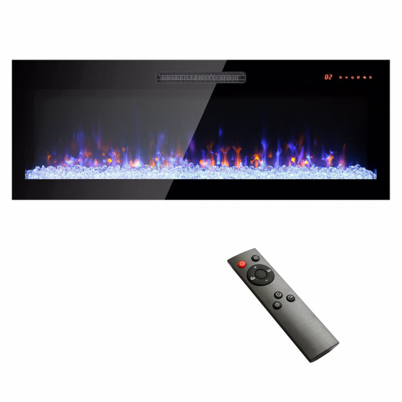 50" Electric Fireplace, Recessed Ultra Thin Tempered Glass Front Wall Mounted With Remote And Multi Color Flame And Embers, LED Light Heater