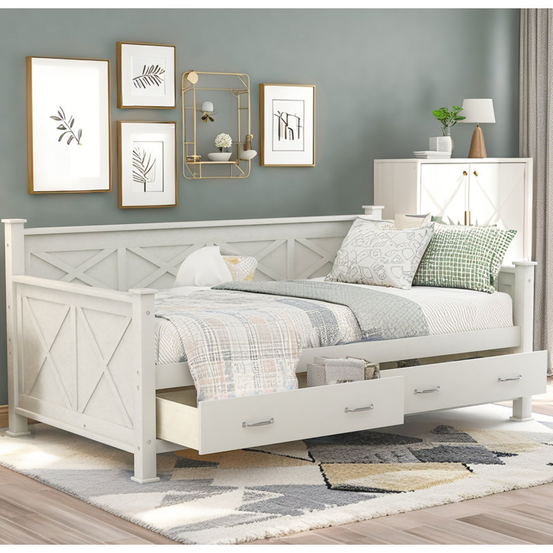 Lit de jour simple en bois avec 2 grands tiroirs, style décontracté rustique, Crème