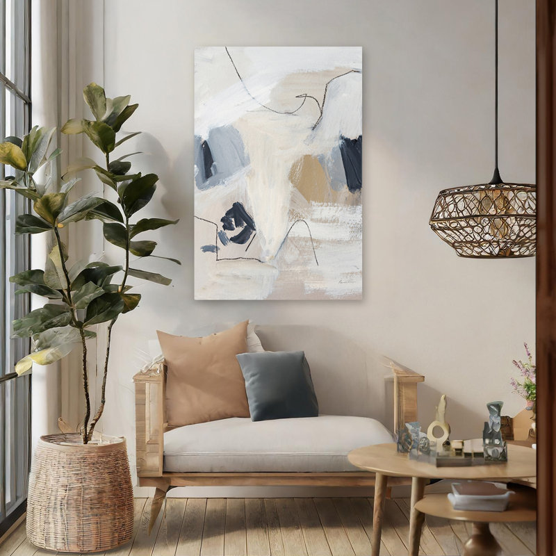 Neutral Abstract II - Abstract Beige Black Blue, 48" H x 32" W