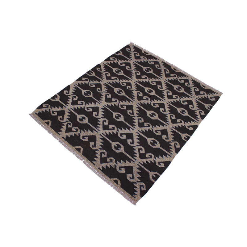 Tapis géométrique noir / brun en laine fabriqué à la main 5 pi 4 po x 6 pi 5 po Madee