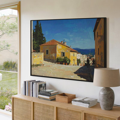 Art mural sur toile, Village méditerranéen, toile classique, peinture à l'huile de maison jaune et pavé prêt à accrocher