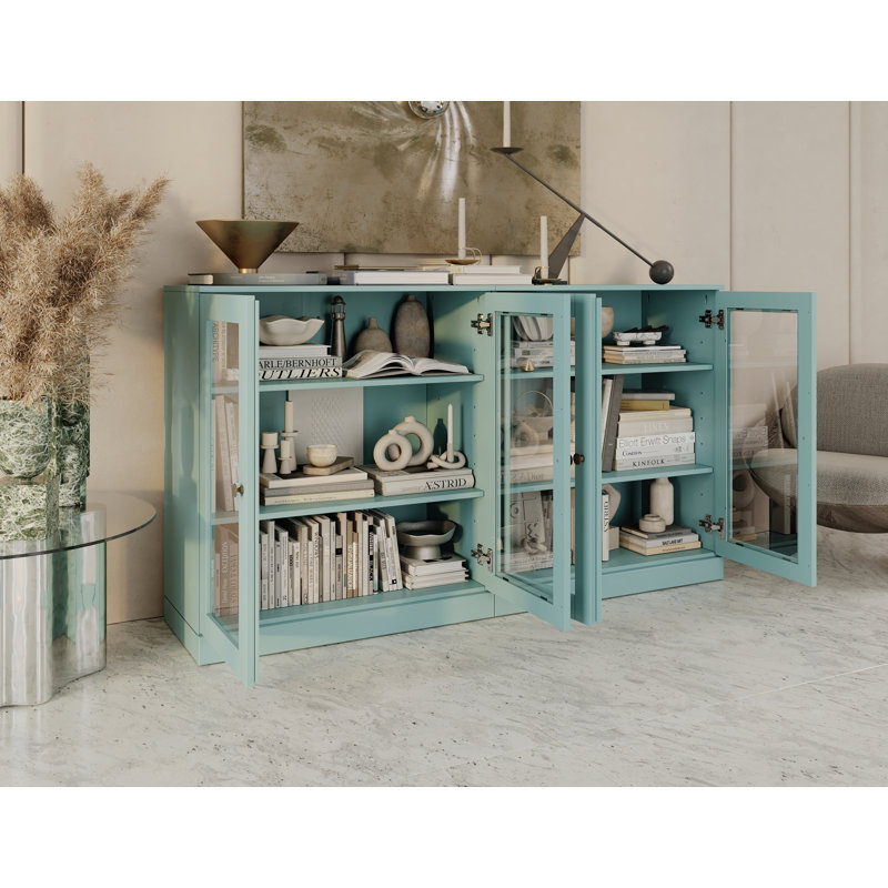 100% Solid Wood 64" Sideboard with Frosted Glass Doors, 4-Drawers, Aqua Blue