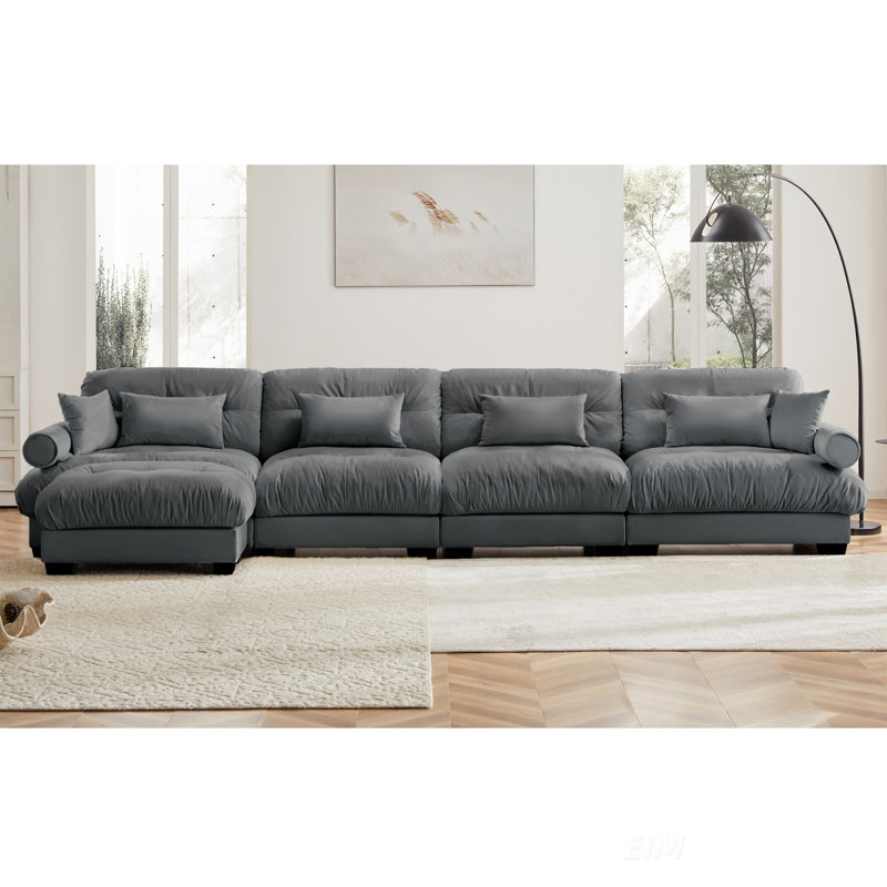 Canapé modulaire en L en forme de L, canapé-lit modulaire convertible à 4 places pour le salon, canapé d'angle rembourré en velours moderne avec coussins de taille, coussins décoratifs et accoudoirs renforcés, gris