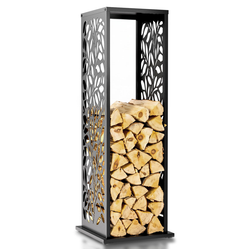 Support à bois de feu de 4 pi avec panneaux décoratifs découpés au laser, support à bûches en acier robuste de 300 lb et tablette de présentation