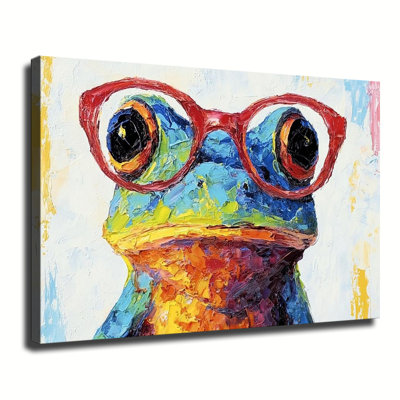 Whimsical Colorful Frog Wearing Red Glasses Oil Art, Large Gallery Wrapped Canvas Wall Art Print For Living Room Bedroom