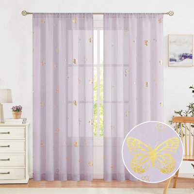 Purple Butterfly Gold Print Sheer Curtains 52x84 Inch Rod Pocket,2 Panels