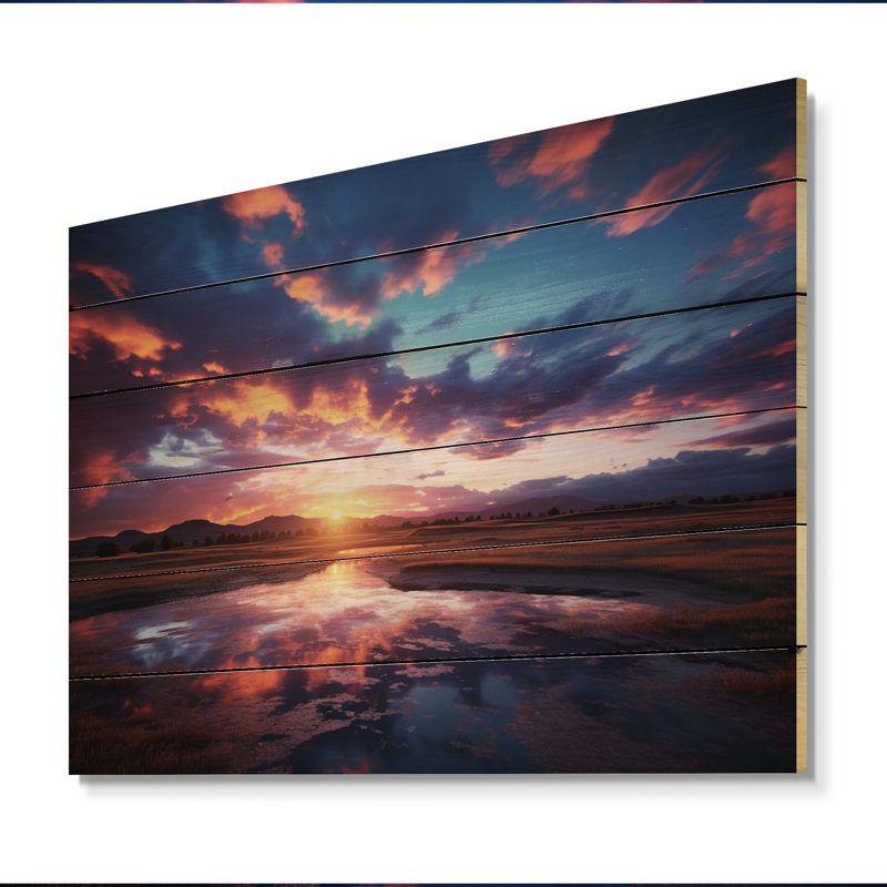 Coucher de soleil au bord du lac - Impression de paysages sur bois de pin naturel, H 24 po x l 32 po x P 0,78 po