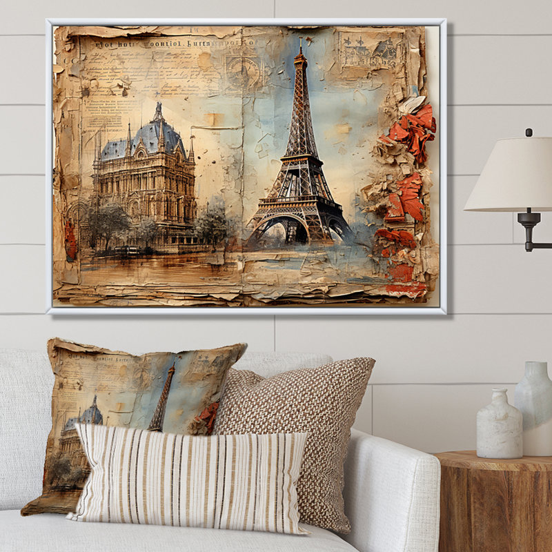 Paris Nostalgia, collage rétro sur toile, H 30 po x l 40 po x P 1,5 po, Cadre flottant blanc