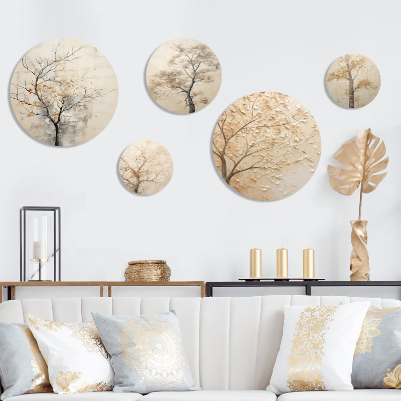 Minimalisme, arbre d'érable beige Melody - érable arbre, ensemble d'art mural rond de 5