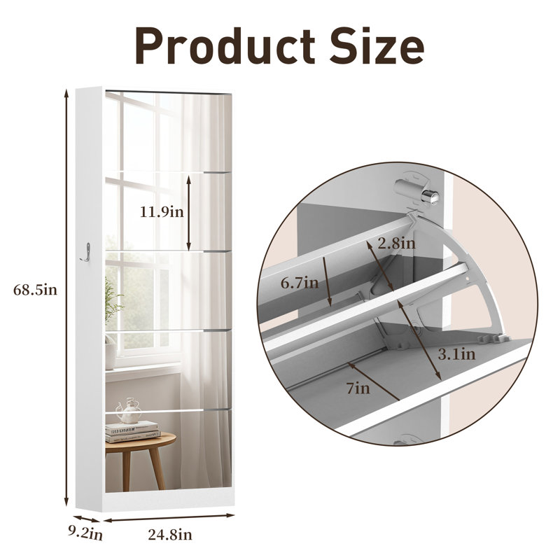 Tall Shoe Storage Cabinet With Full Length Mirror , Tiers Shoe Rack With 5 Flip Drawer
