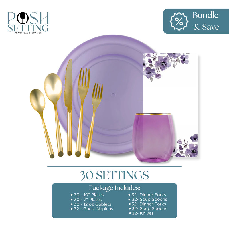 Ensemble de fête de luxe jetable en plastique lavande - Bord