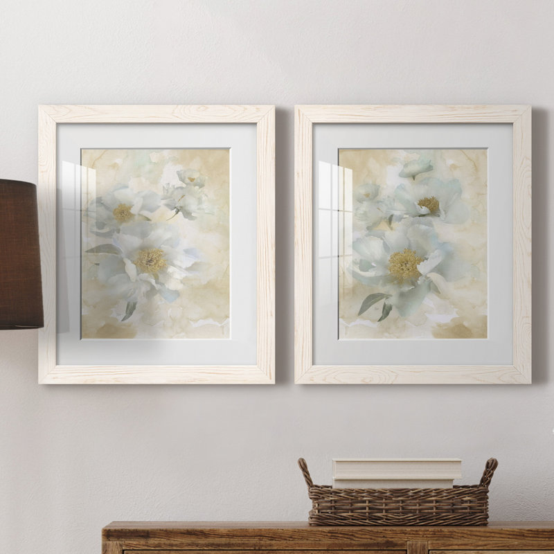 Douces pivoines I - ensemble de 2 reproductions d'art, H 20 po x l 17 po x P 1 po, Papier encadré blanc, Blanc