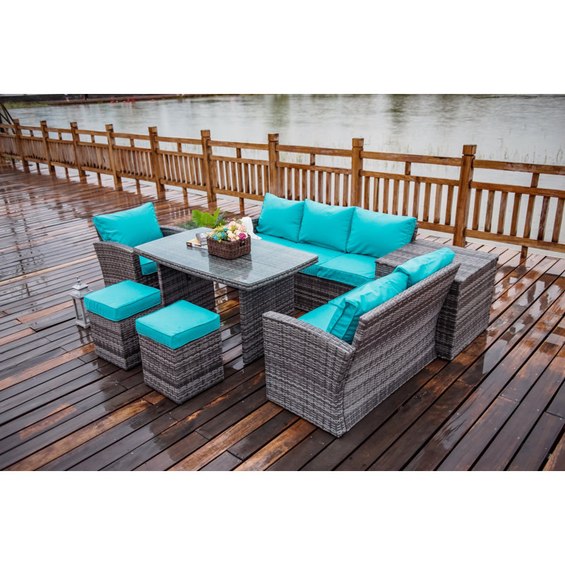 Ensemble de conversation en osier / rotin pour 6 personnes avec coussins, gris, Cyan