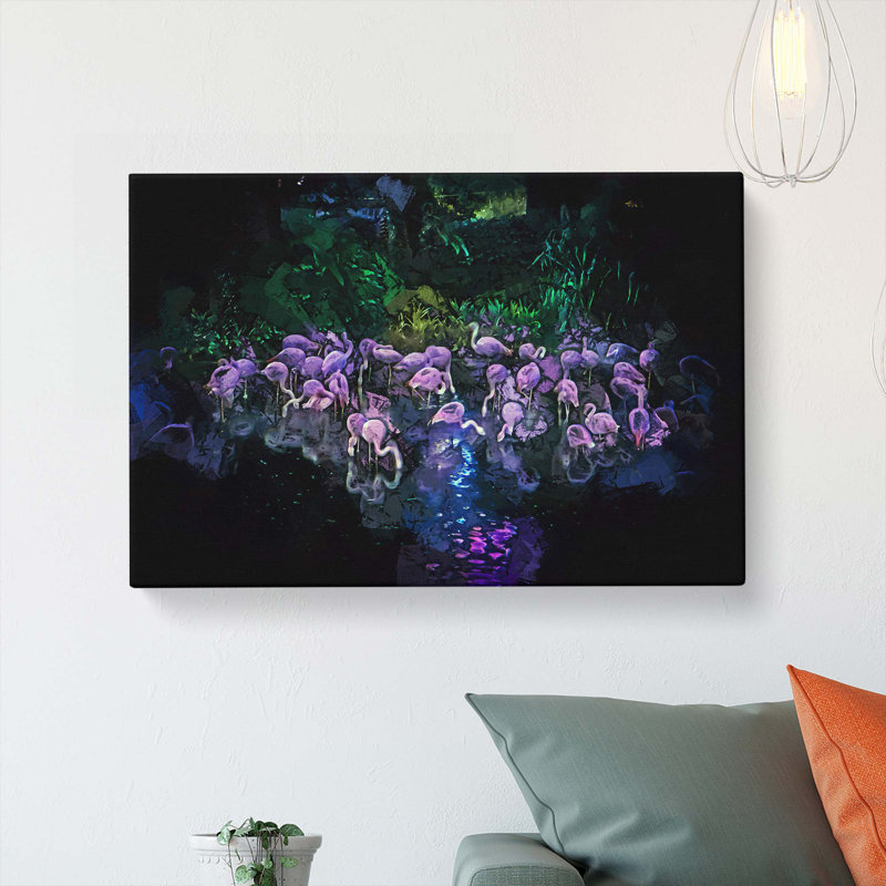 Neon Flamingos In Abstract - Wrapped Canvas, 50cm H x 76cm W x 3cm D