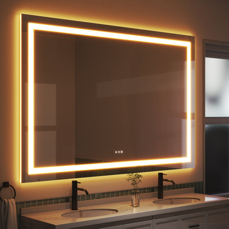 Led Bathroom Durable Tempered Mirror 72x 32, Dimmable Vanity Mirrors For Wall, Anti-fog, 3 Colors Adjustable, Memory, Double Led Lights ( Front And Backlit )