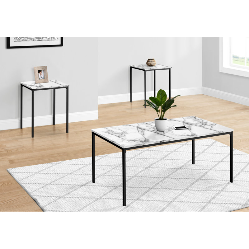 Table contemporaine 3 pièces avec stratifié en marbre blanc et cadre en métal