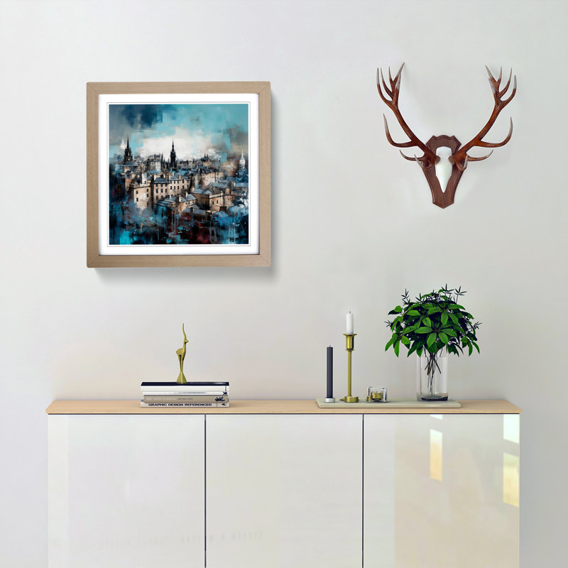 City Of Edinburgh Gestural Art - Single Picture Frame Print on Wood, Oak