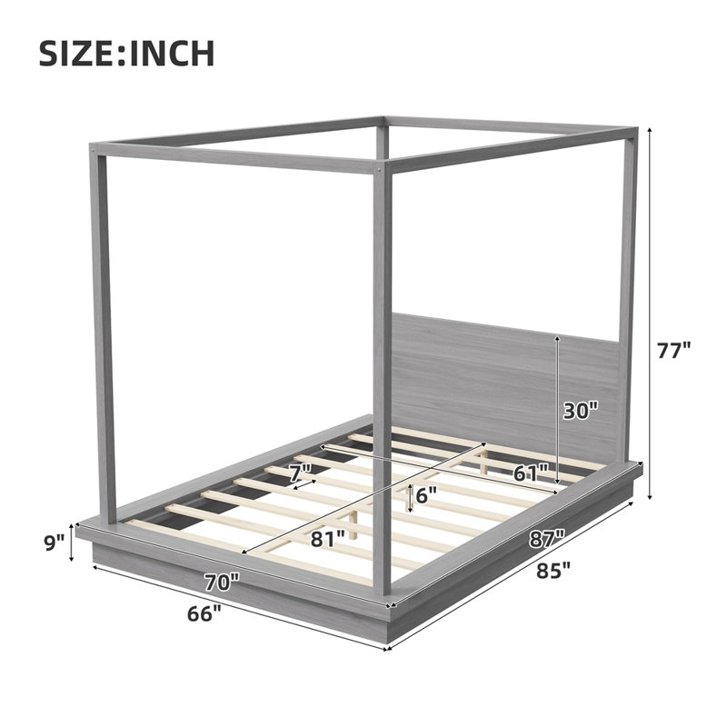 Lit plateforme à baldaquin en bois avec tête de lit, Queen, Grey