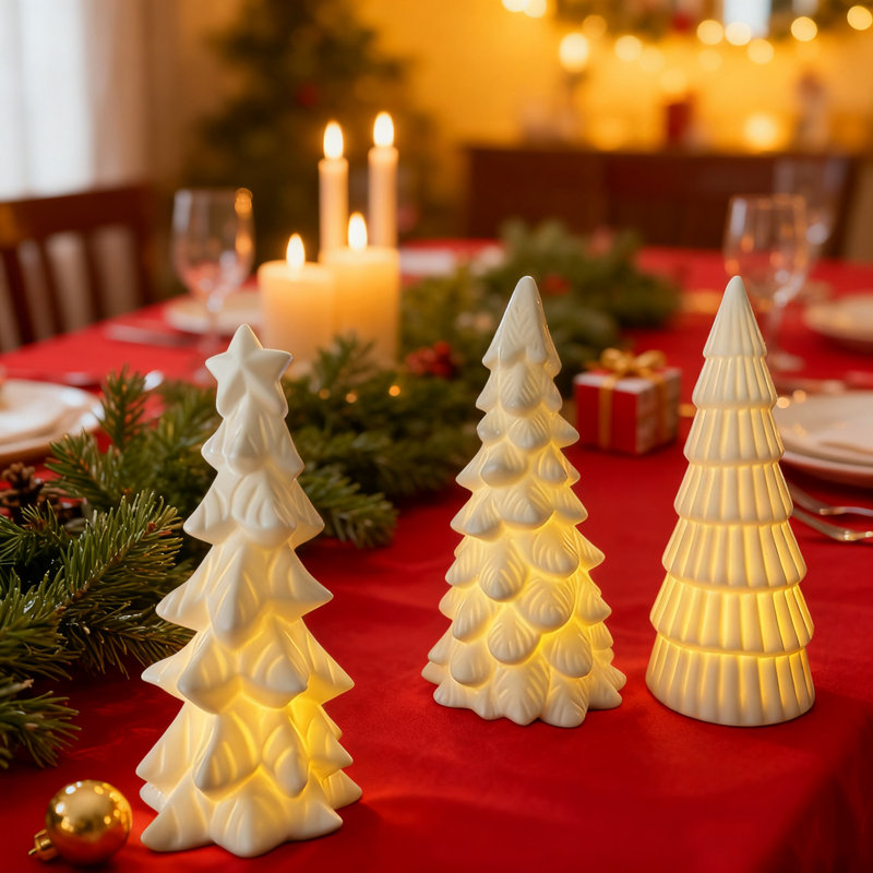 Ensemble de 3 arbres de Noël en céramique illuminés - petit arbre de Noël blanc avec lumières DEL chaudes pour les décorations de table, de manteau de cheminée, de maison de campagne