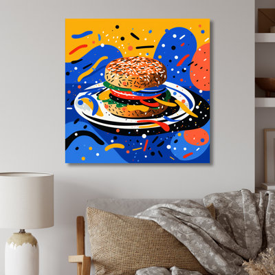 Bleu et jaune Pop Art Hamburger Brilliance - nourriture en métal, art mural
