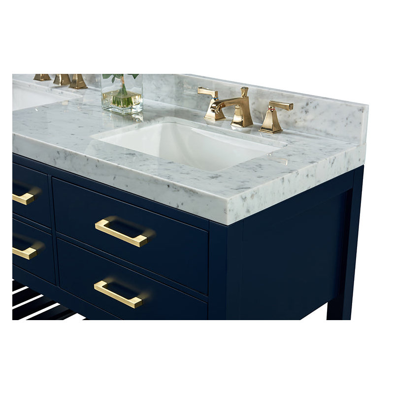 Elizabeth 48'' W Single Vanity, Carrara White Marble, Heritage Blue/Brushed Gold