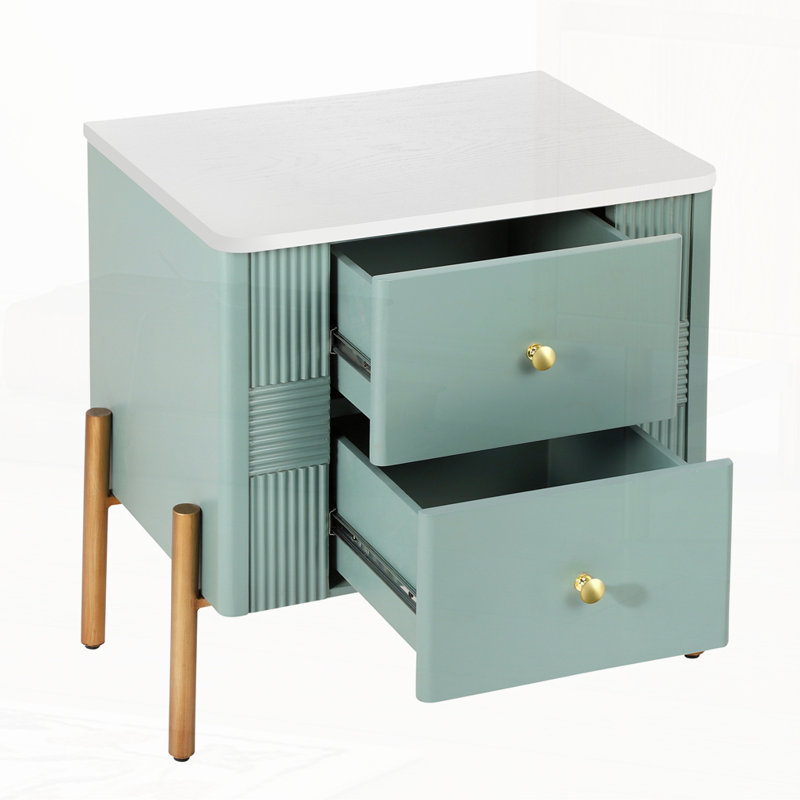 Table de chevet moderne avec poignées et pieds en métal doré, Vert