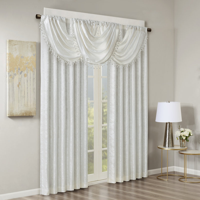 Cassius Damask Total Blackout Thermal Single Curtain Panel, 50" W x 95" L, White/Silver