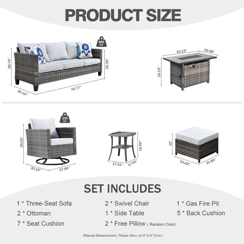 GRST Rattan Sofa Seating Group with Cushions, Light Gray