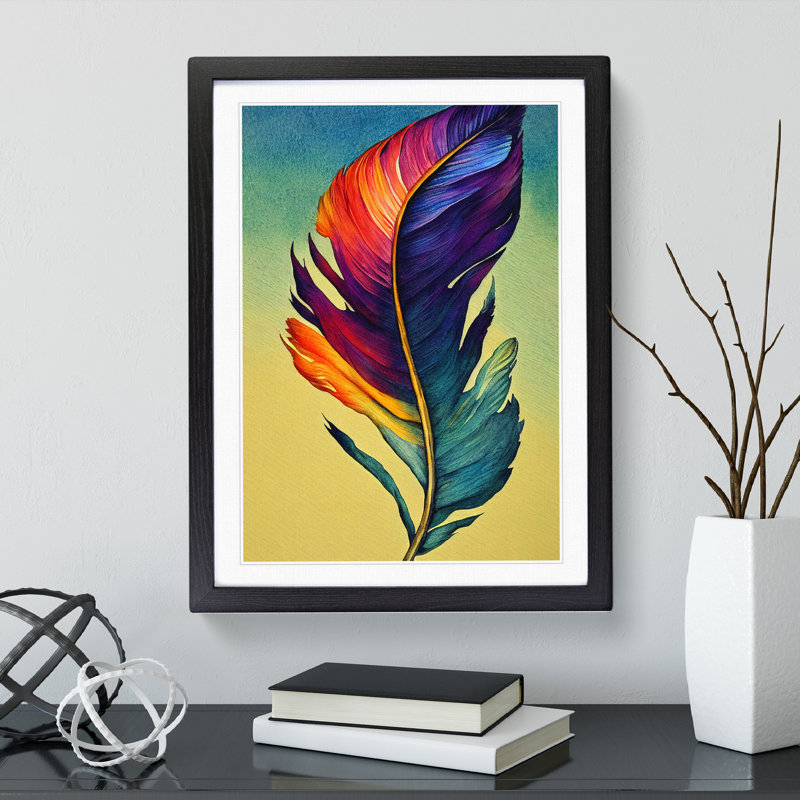 Colourful Feather No.5 - Wall Art, Black Framed, 36cm H x 27cm W x 2cm D, White