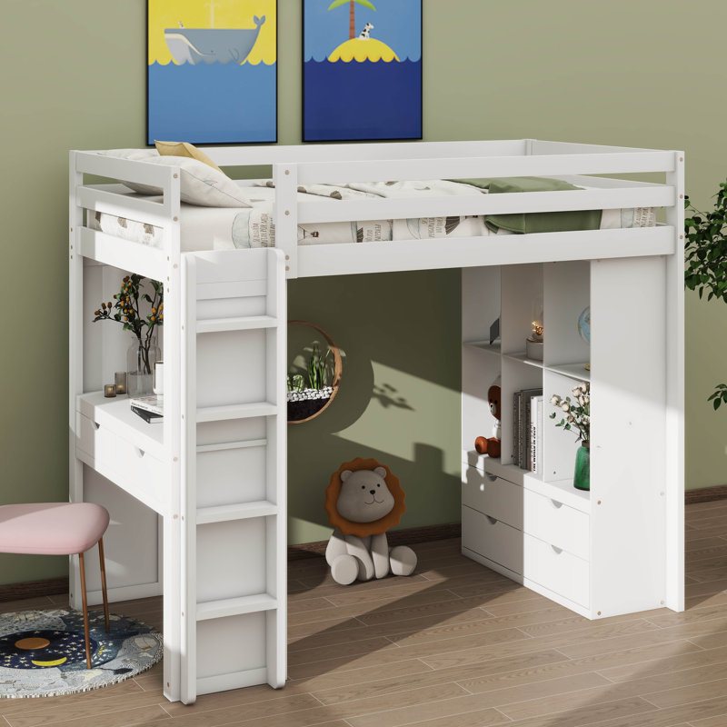 Lit mezzanine avec grandes tablettes Jonavan, Simple, Blanc