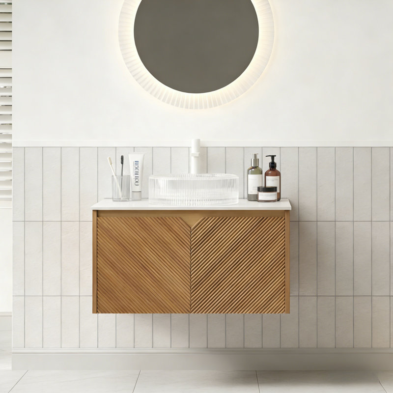 Meuble-lavabo flottant 30 po avec lavabo, armoire de rangement à deux portes, plateau en pierre blanche de Carrare et vasque en verre
