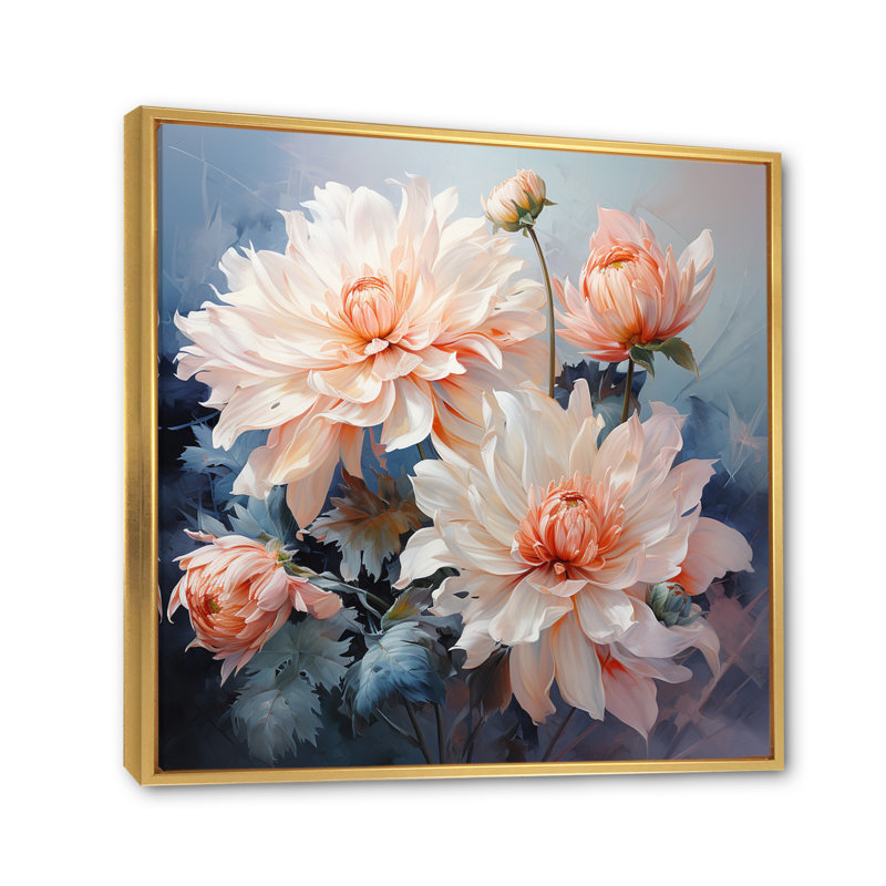 Impression romantique «I Peach Chrysanthemums Peach», Cadre flottant doré, H 36 po x l 36 po x P 1,5 po