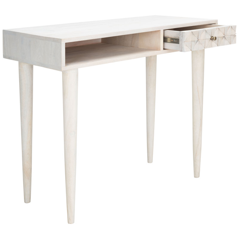 Dannee Solid Wood Top Writing Desk, White Wash/Brass