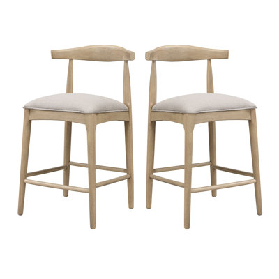 Set of 2 Mid-Century Modern Counter Stools with Upholstered Seat & Ergonomic Backrest - Rubberwood Bar Height Chairs for Kitchen Island