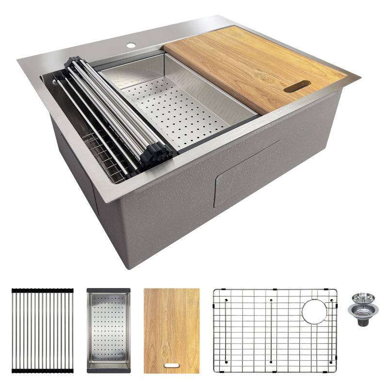Transolid 27-in X 22-in 18-Gauge Drop-in Stainless Steel Kitchen Workstation Sink, 1 Hole