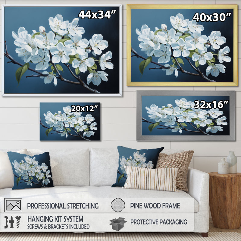 «Apple Blossom Monochromatique Elegance», reproduction d'art sur toile encadrée, Toile tendue, H 34 po x l 44 po x P 1,5 po