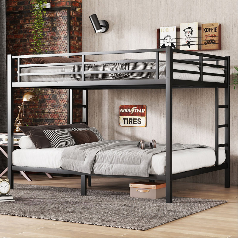 Lit superposé au dessus d'un grand lit en métal pour les adolescents et les adultes, peu encombrant / sans sommier, noir