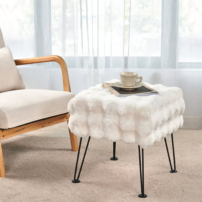 43.2cm Wide Rectangle Solid Colour Standard Ottoman, White Faux Fur