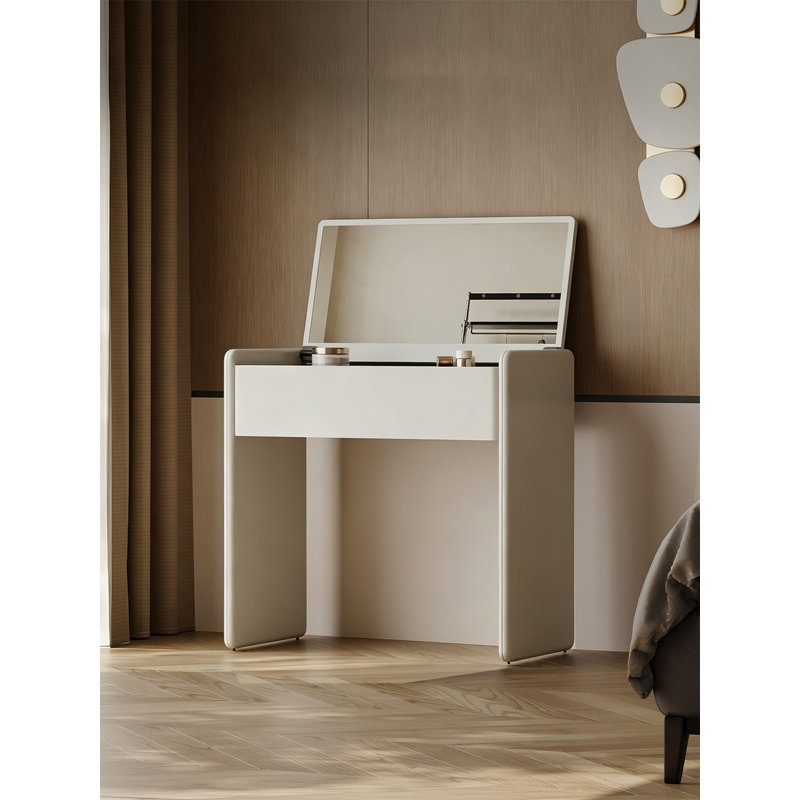 Coiffeuse minimaliste moderne avec petit miroir rabattable.