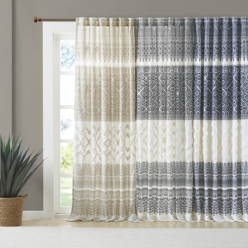 Navy and White Cotton Boho Chenille Curtain Panel